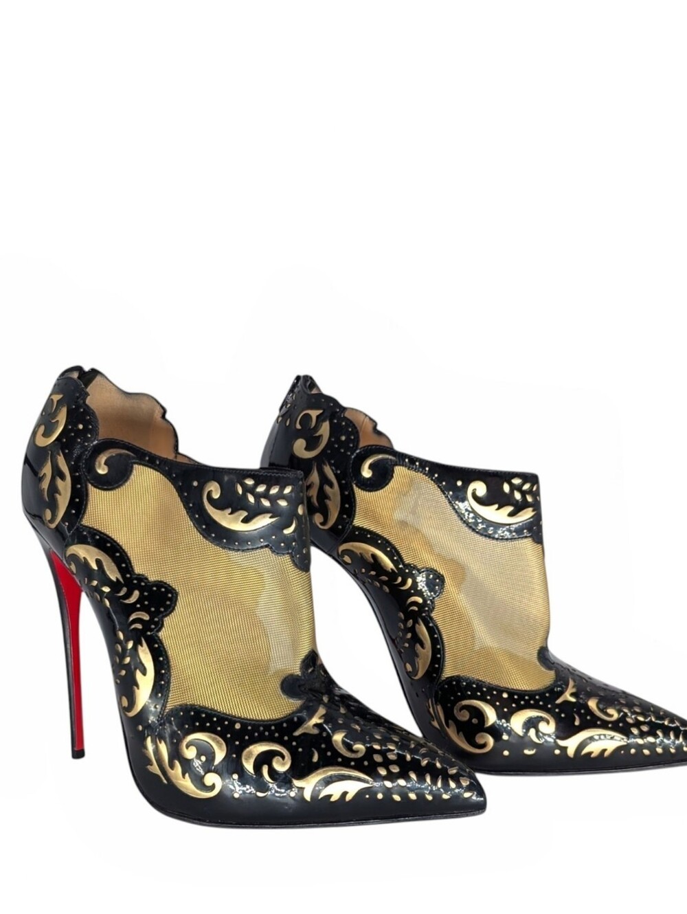 Christian Louboutin Mandolina 120mm Black Gold Laser Cut Gold Mesh Booties 39.5